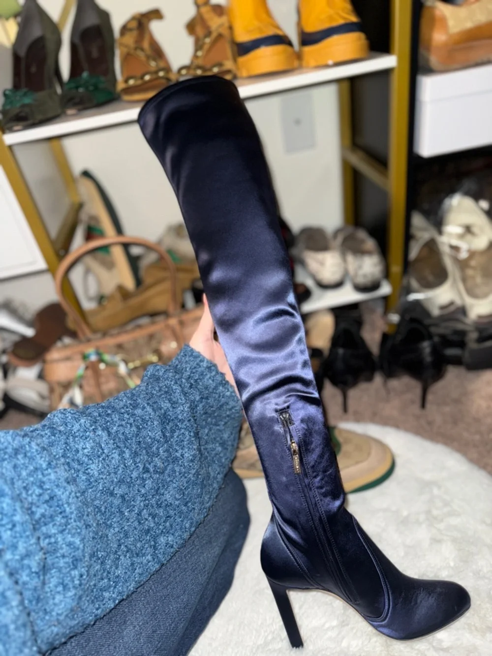 NEW Jimmy Choo Marie 100 Navy Satin Lace Up Over The Knee Boots 35 US 5